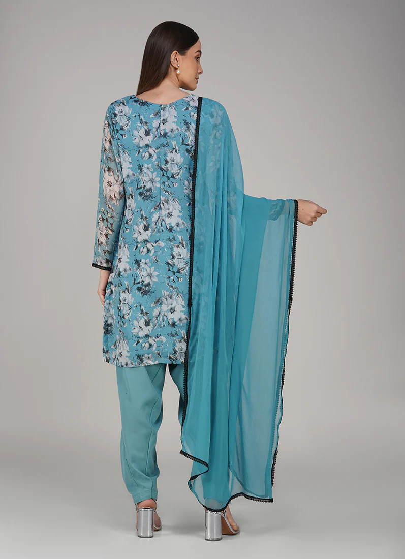 Blue Georgette Floral Printed Salwar Suit Set - Image 5