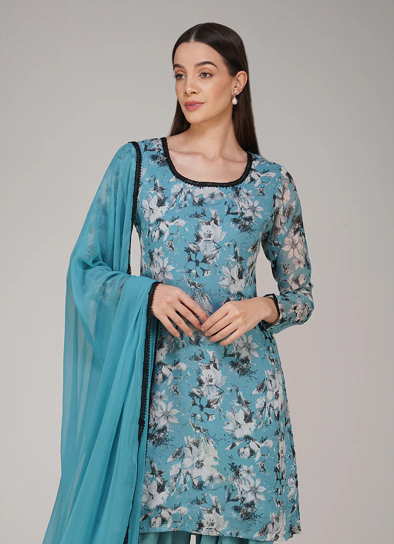 Blue Georgette Floral Printed Salwar Suit Set - Image 7