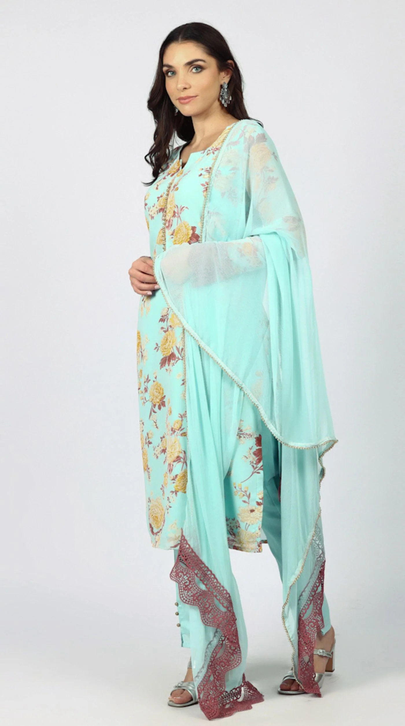Blue Georgette Floral Printed Suit Set - Image 2