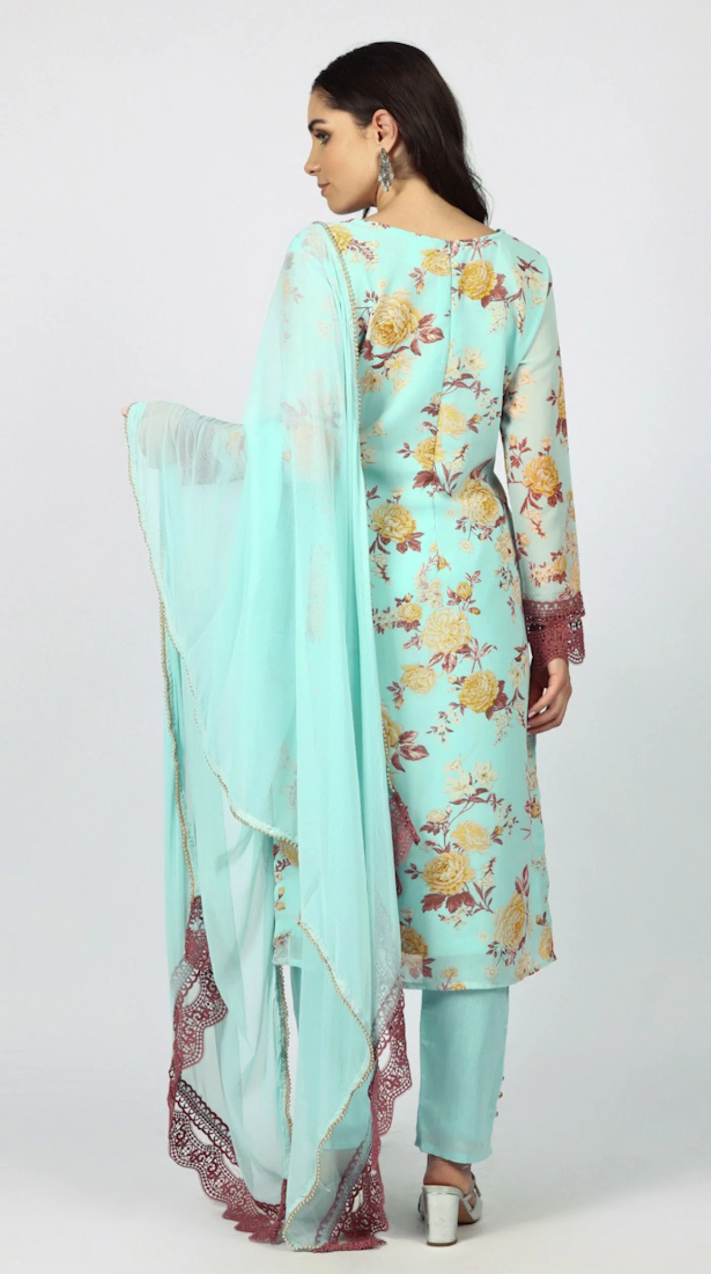 Blue Georgette Floral Printed Suit Set - Image 3