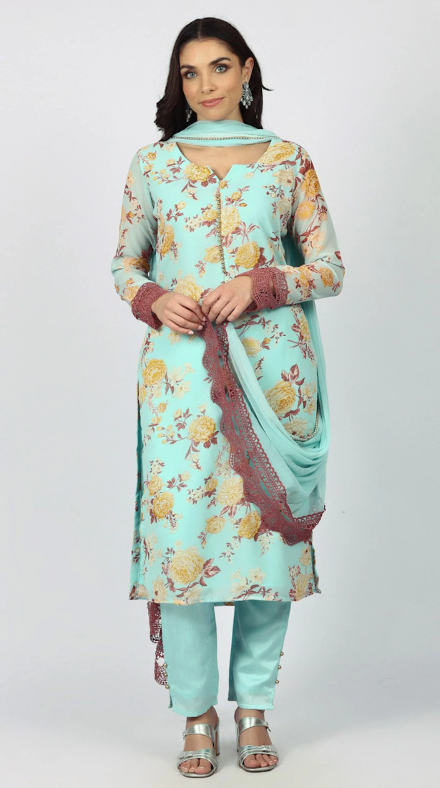 Blue Georgette Floral Printed Suit Set - Image 5