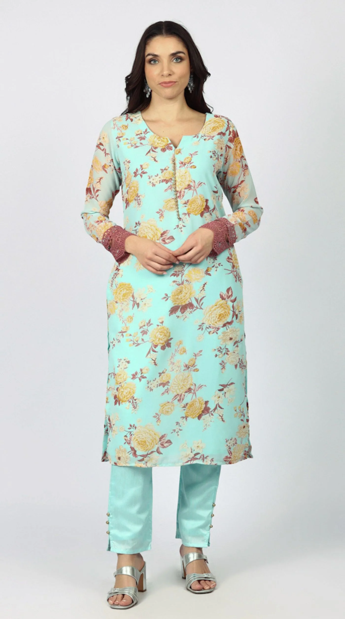 Blue Georgette Floral Printed Suit Set - Image 6
