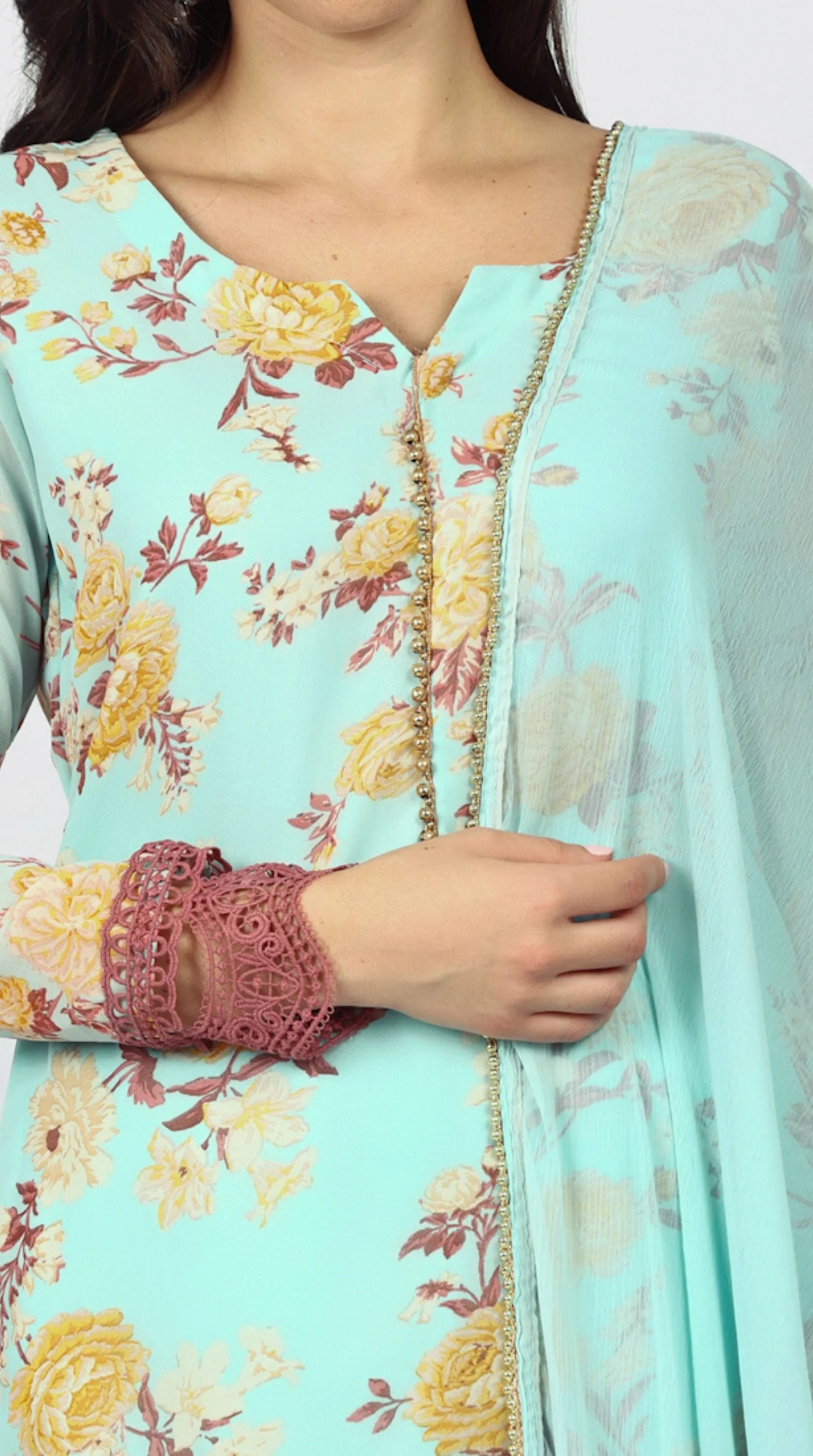 Blue Georgette Floral Printed Suit Set - Image 7