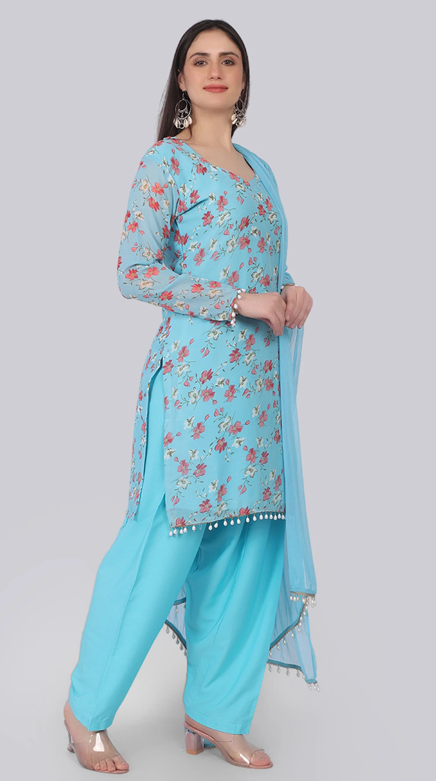Blue Georgette Pearl Droplet Shift Suit Set - Image 2