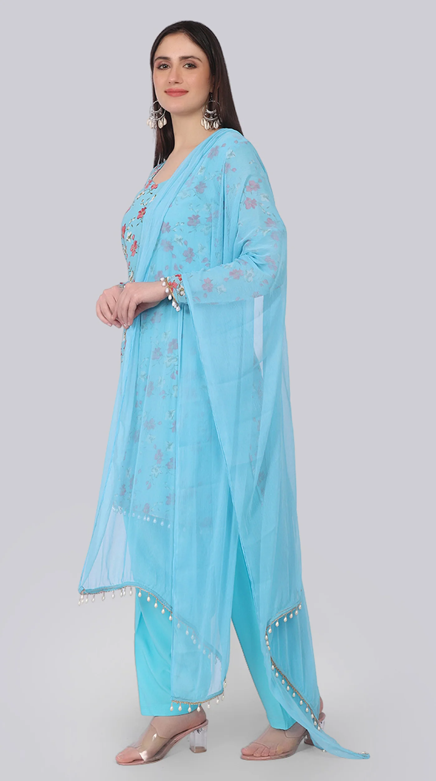 Blue Georgette Pearl Droplet Shift Suit Set - Image 3