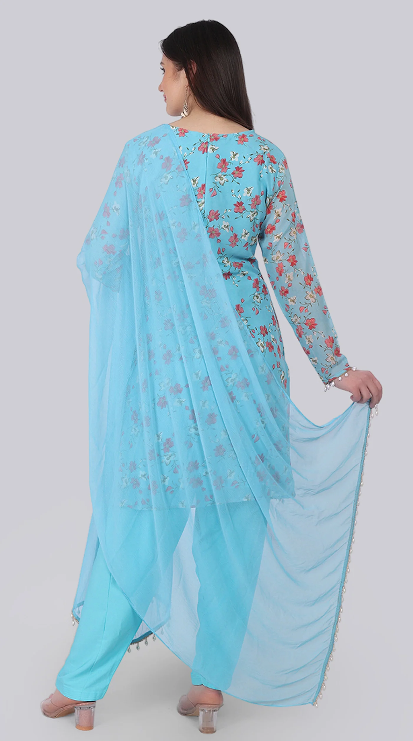 Blue Georgette Pearl Droplet Shift Suit Set - Image 4