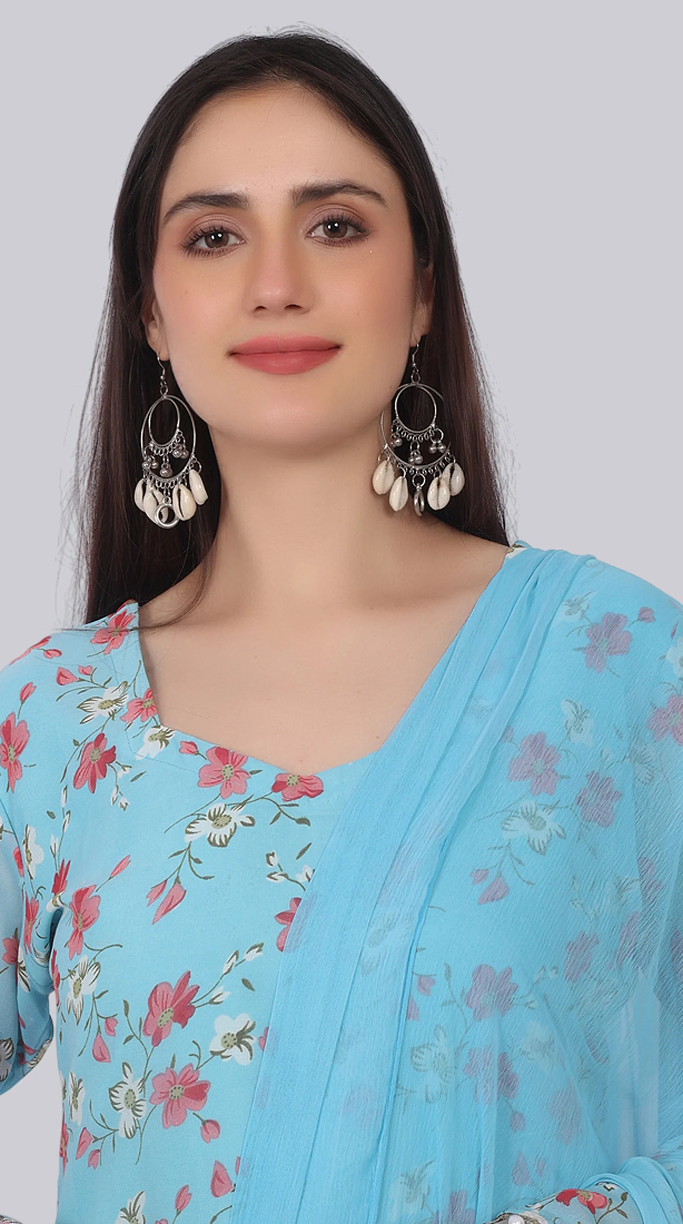 Blue Georgette Pearl Droplet Shift Suit Set - Image 5