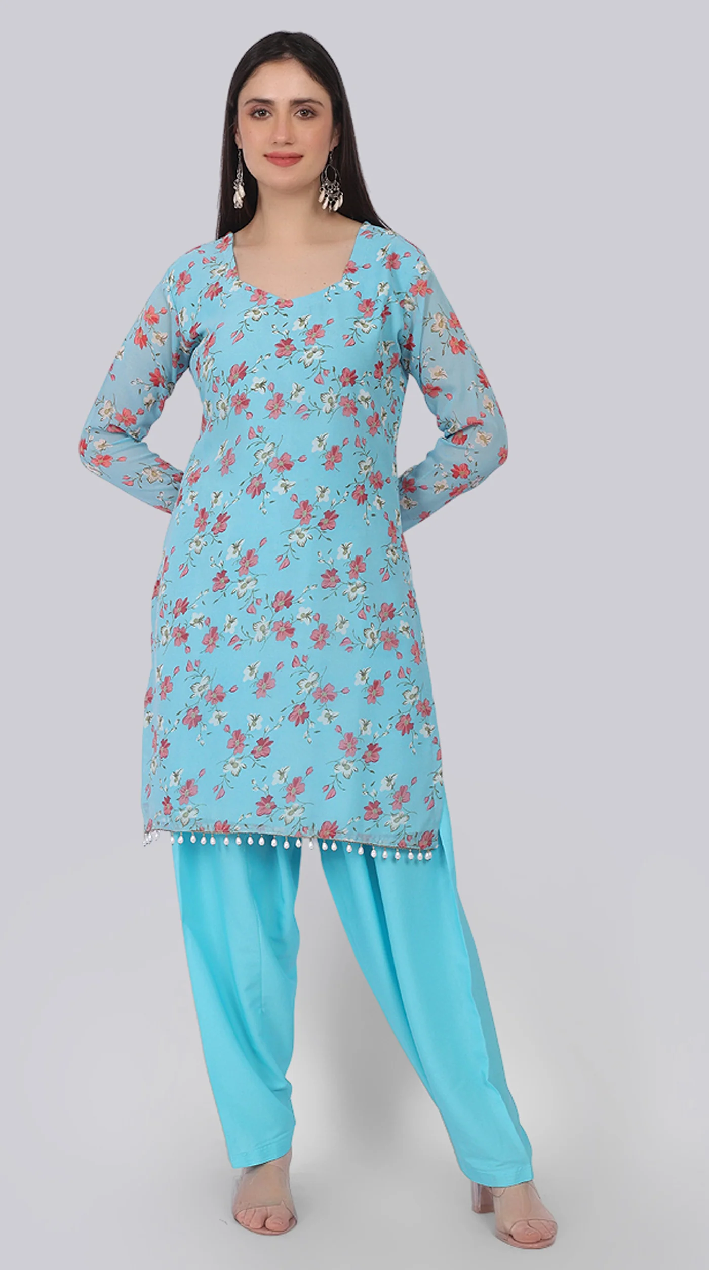 Blue Georgette Pearl Droplet Shift Suit Set - Image 6