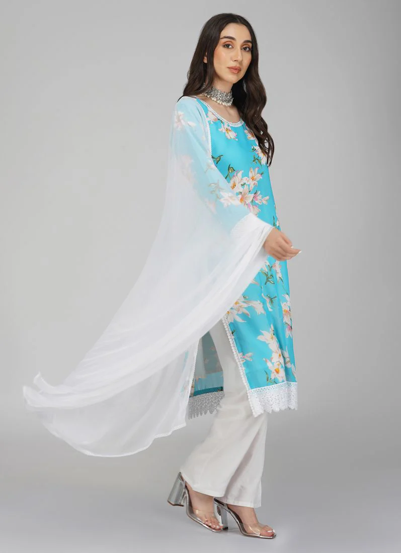 Blue Georgette Straight Cut Trouser Suit Set - Image 3