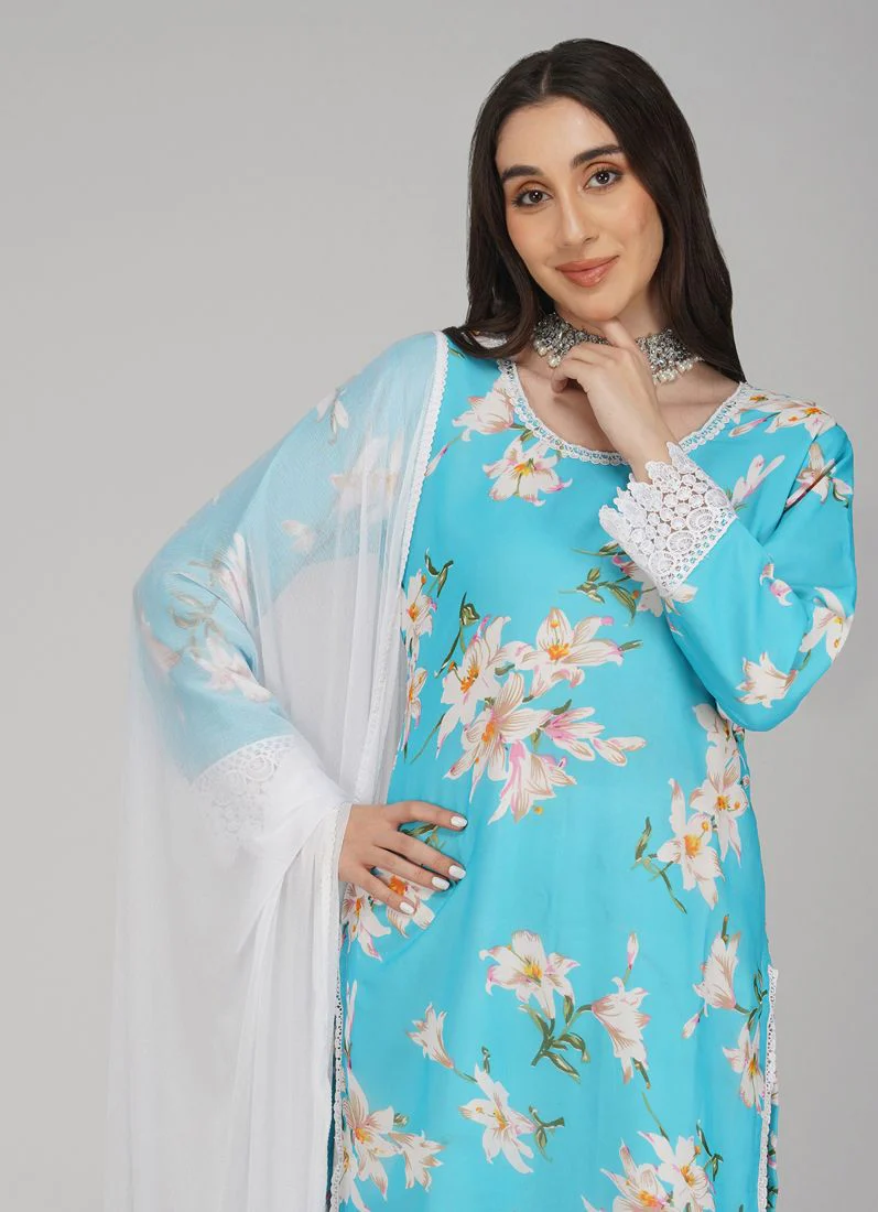 Blue Georgette Straight Cut Trouser Suit Set - Image 4