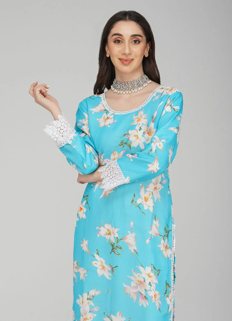Blue Georgette Straight Cut Trouser Suit Set - Image 5