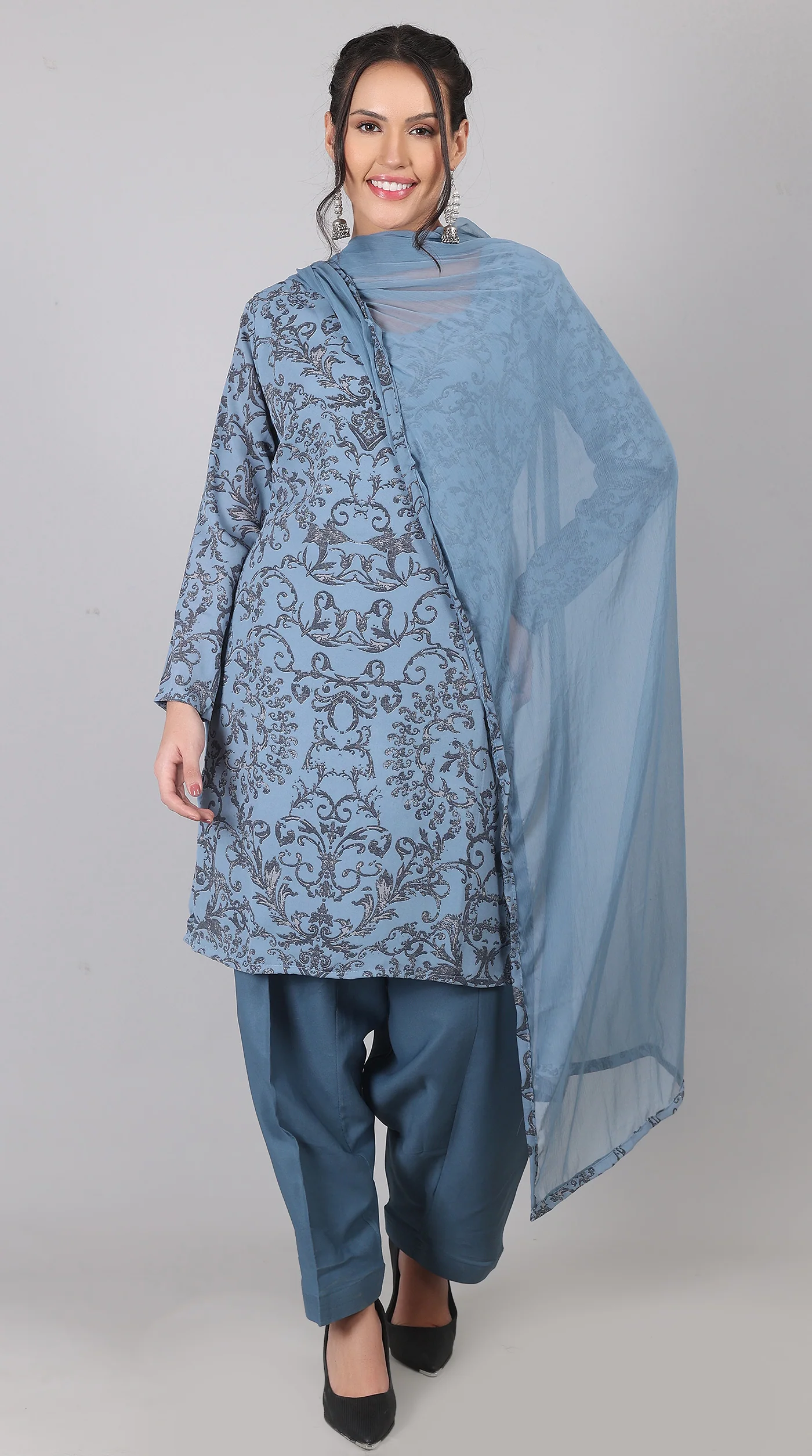 Blue Georgette Sweetheart Neck Salwar Suit with Chiffon Dupatta - Image 2