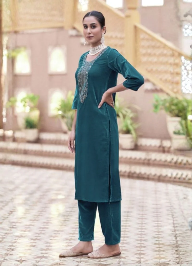 Blue-Green Velvet straight Cut Suit Set - Image 2
