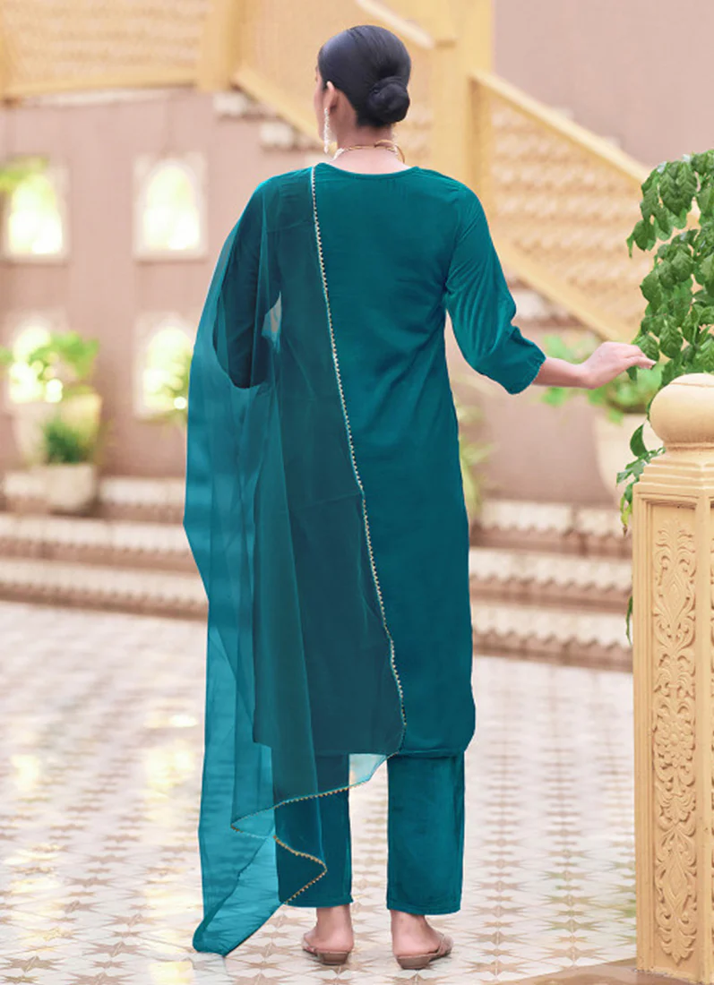 Blue-Green Velvet straight Cut Suit Set - Image 3