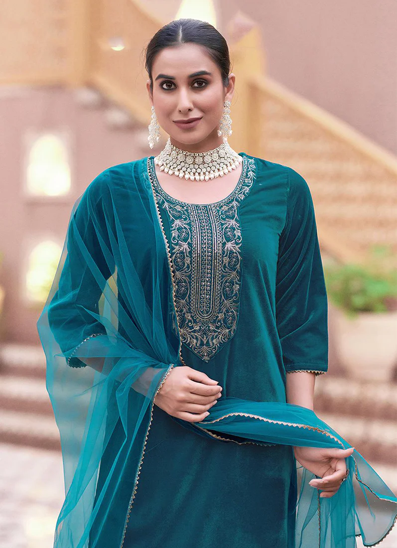 Blue-Green Velvet straight Cut Suit Set - Image 4