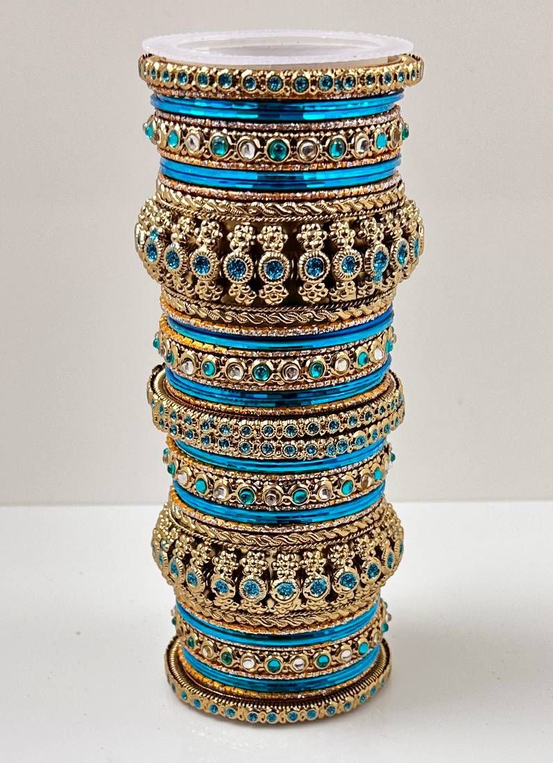 Blue Kundan Double Bangle Set - Image 2