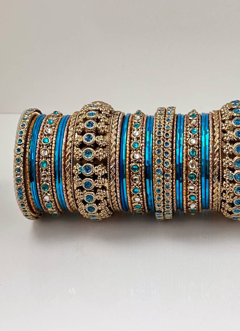 Blue Kundan Double Bangle Set - Image 3