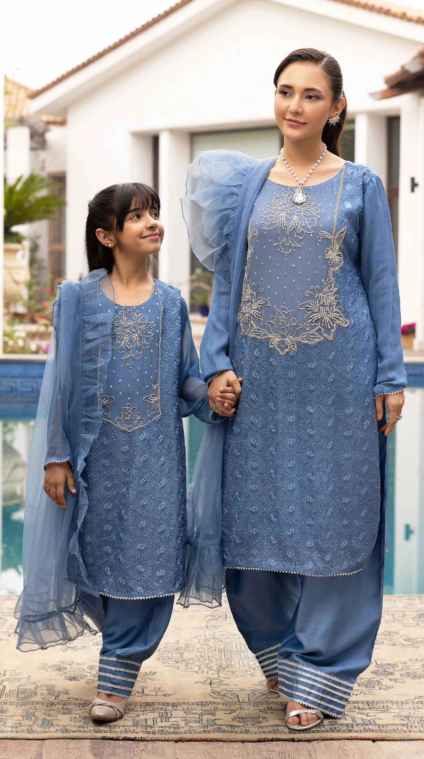 Blue Mini Elara Chikankari Chiffon Farshi Salwar Set - Image 2