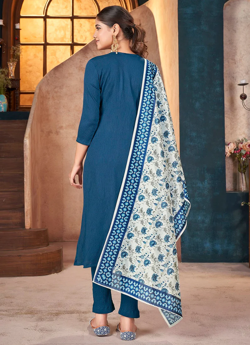 Blue Moss Crepe Straight cut Suit Set - Image 3