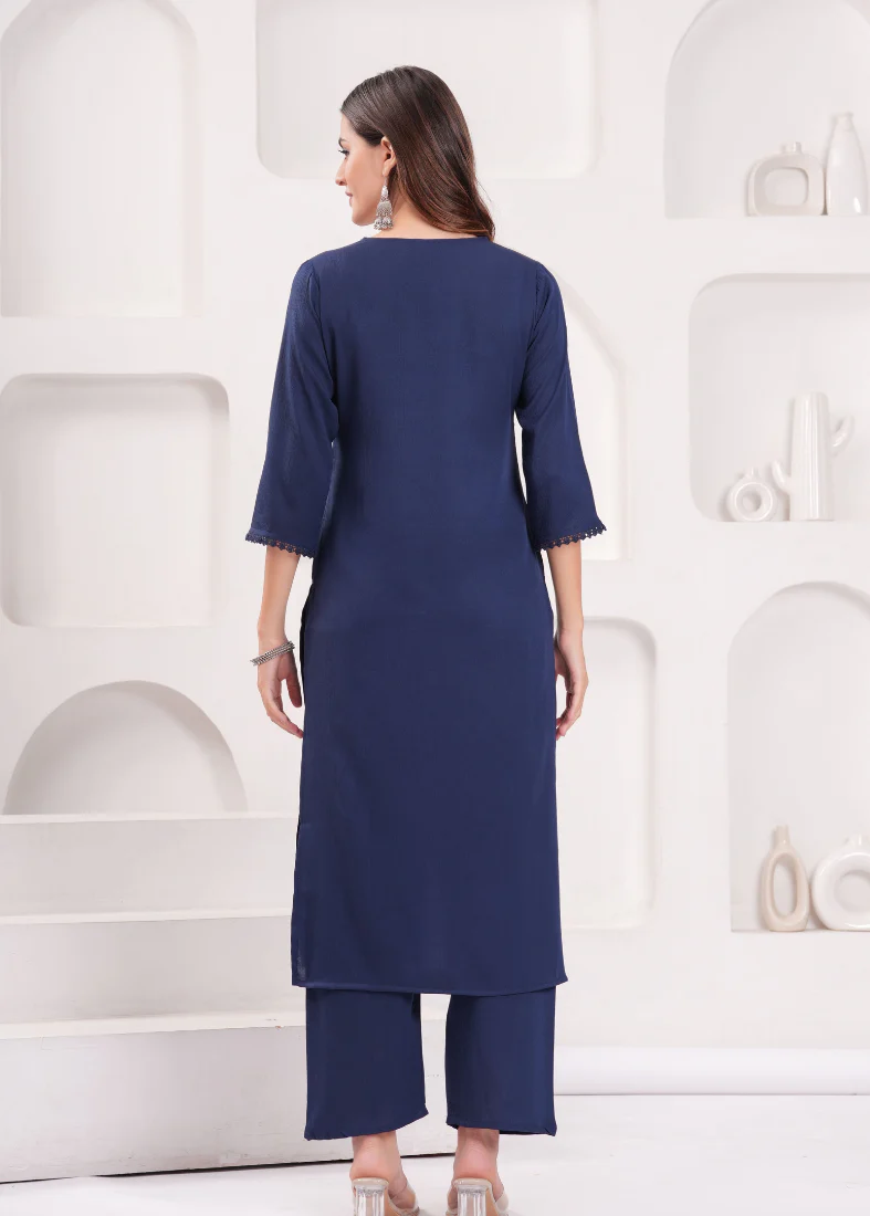 Blue Moss Crepe Straight Cut V-neck Suit Set - Image 3