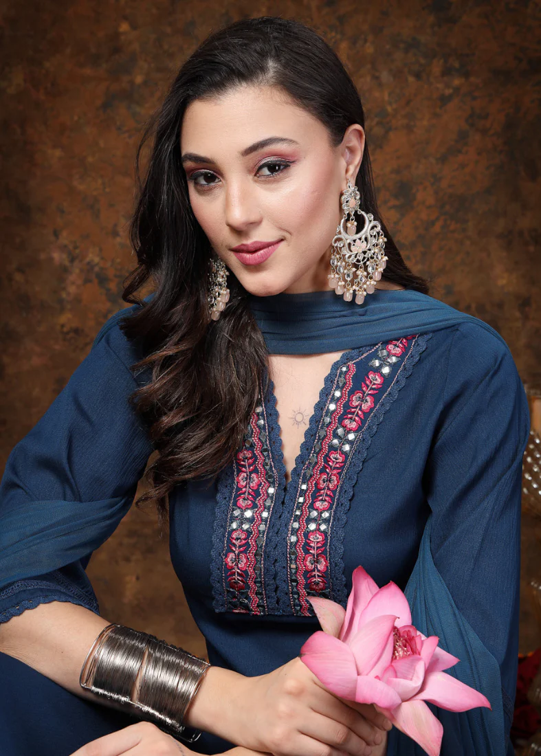 Blue Moss Crepe Straight Suit Set - Image 2