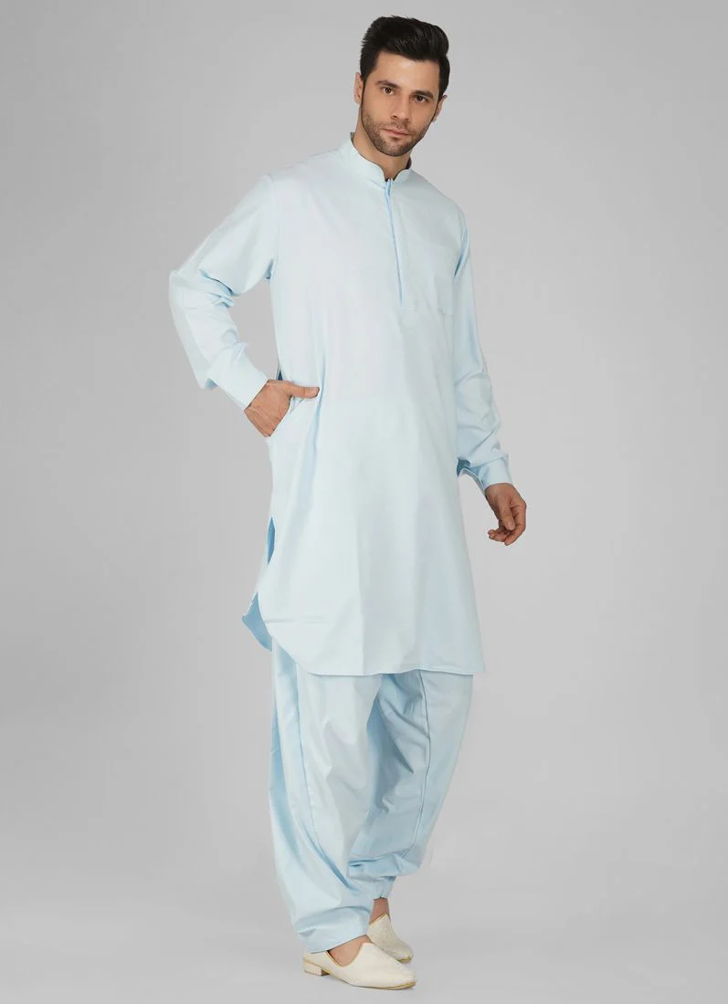 Blue Polyester Mens Kurta Salwar Set - Image 3