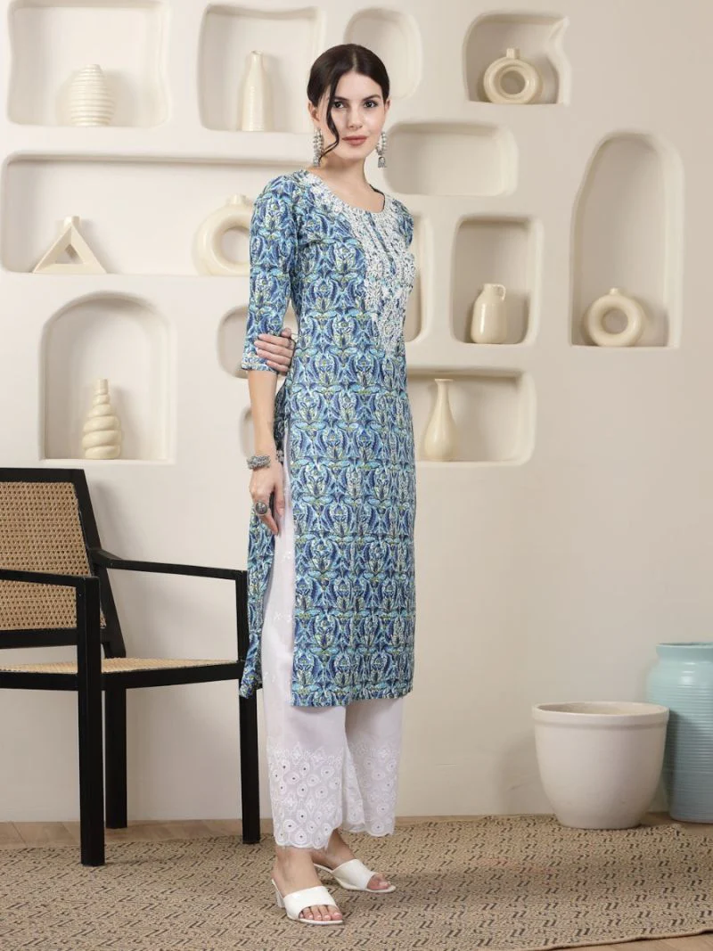 Blue Printed Chikankari Embroidered Kurta - Image 2