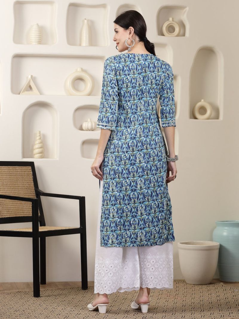 Blue Printed Chikankari Embroidered Kurta - Image 3
