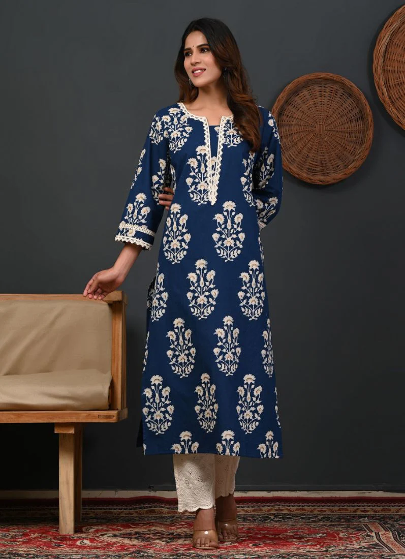 Blue Printed Cotton Straight Cut Kurti - Image 2