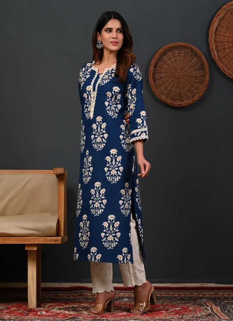 Blue Printed Cotton Straight Cut Kurti - Image 3