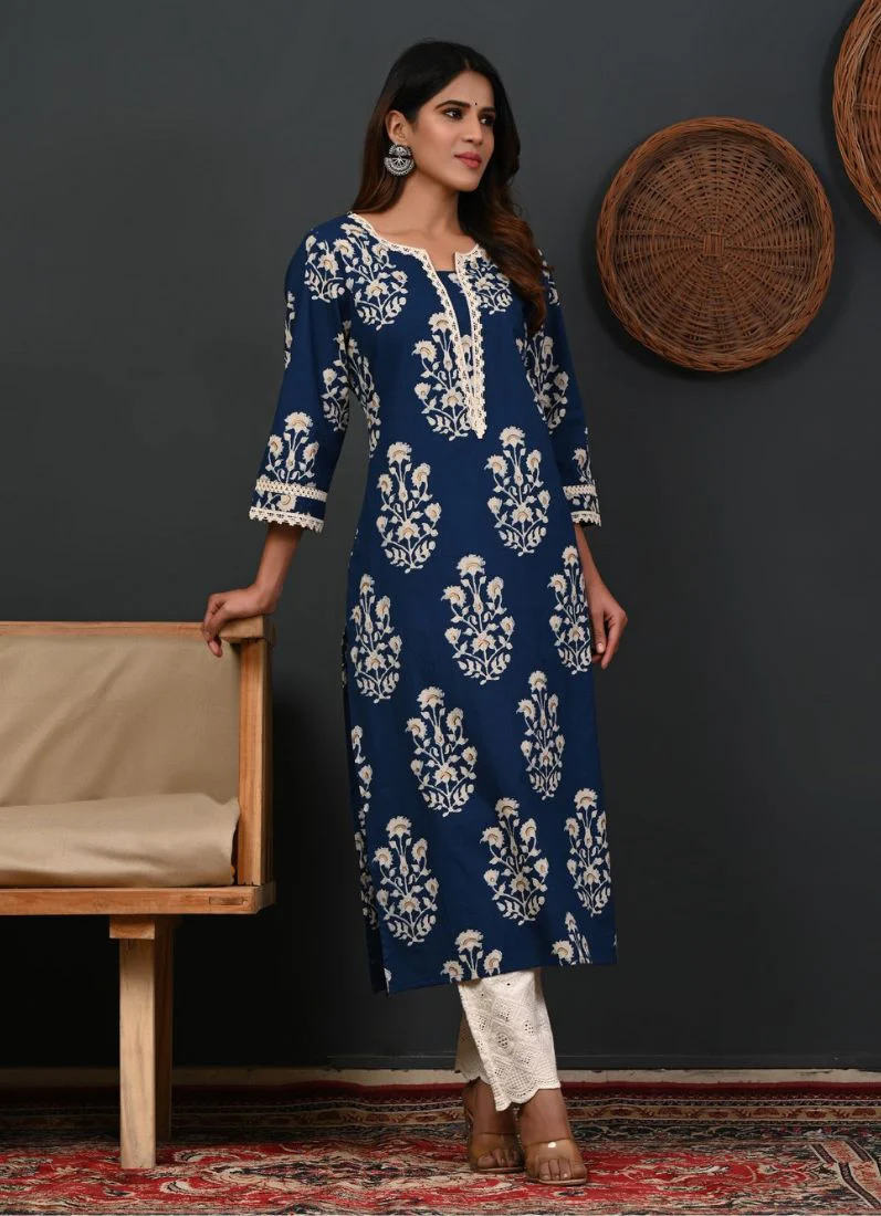 Blue Printed Cotton Straight Cut Kurti - Image 4