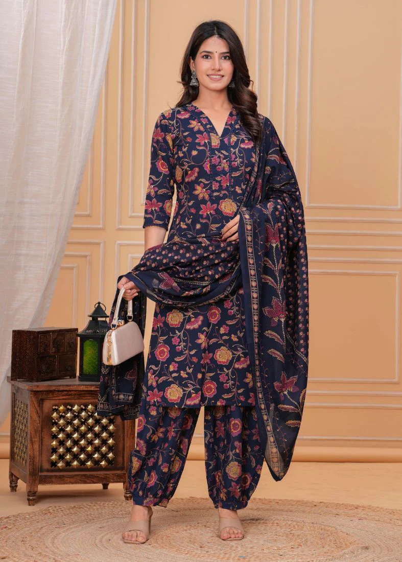 Blue Printed Straight Cut Suit Set - Image 2