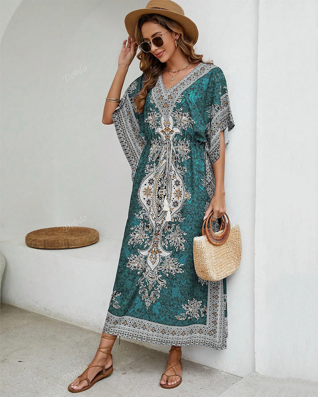 Blue Printed Viscose Kaftan One Size - Image 2