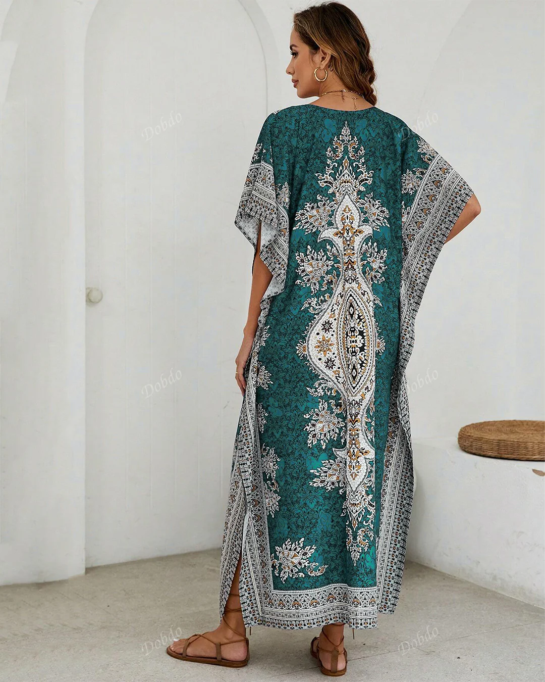 Blue Printed Viscose Kaftan One Size - Image 3