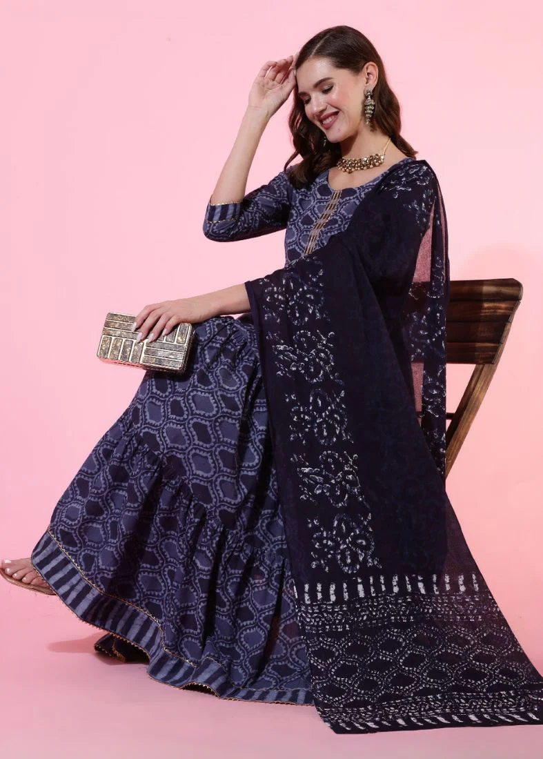 Blue Rayon Bias Cut Printed Dupatta Suit Set - Image 2