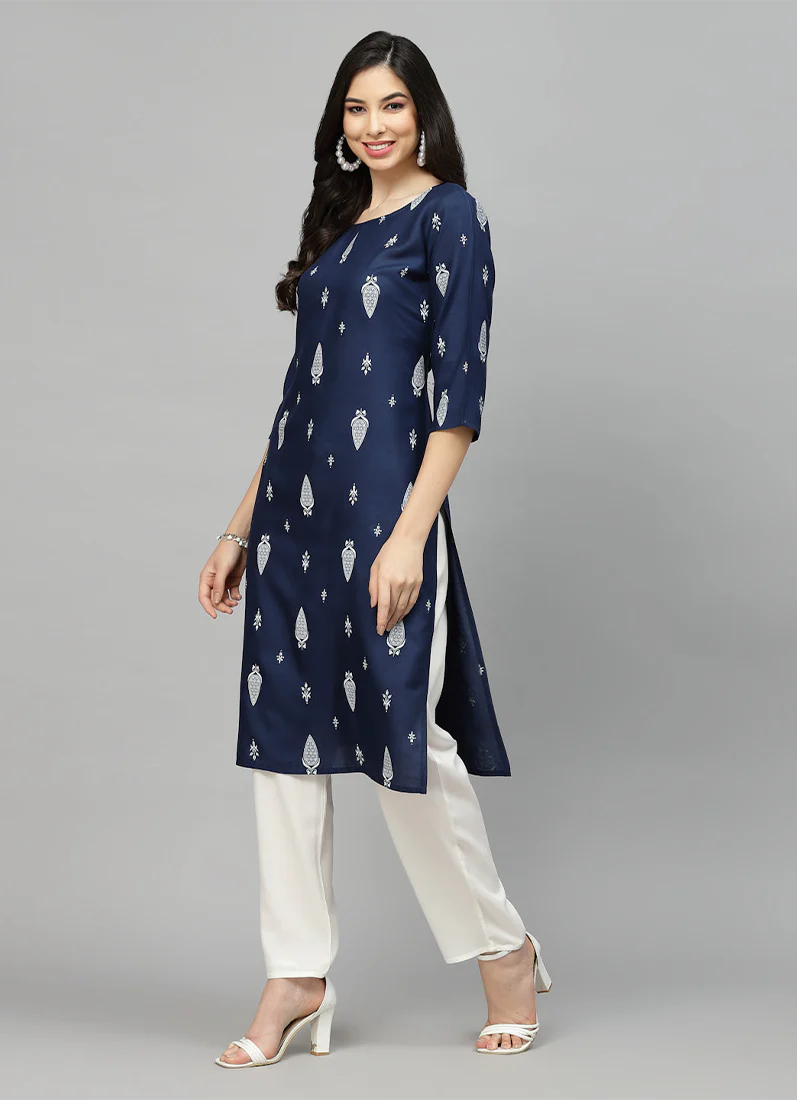 Blue Rayon Straight Cut Kurti - Image 3