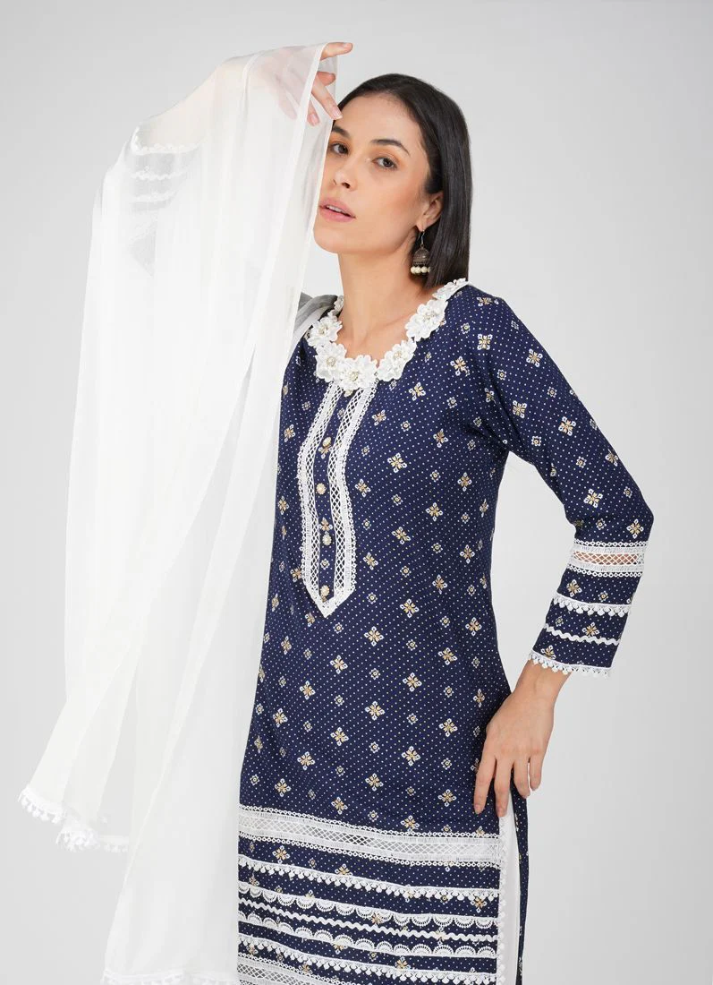 Blue Rayon Straight Cut Printed Suit Set - Image 3