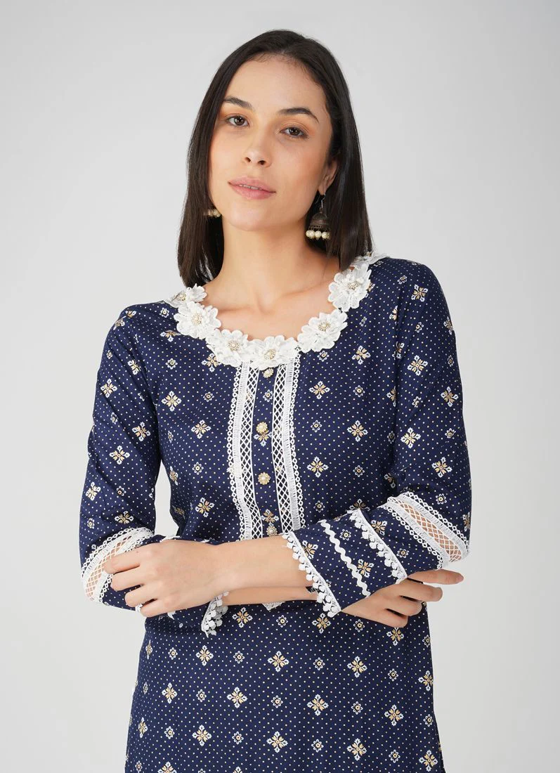 Blue Rayon Straight Cut Printed Suit Set - Image 4