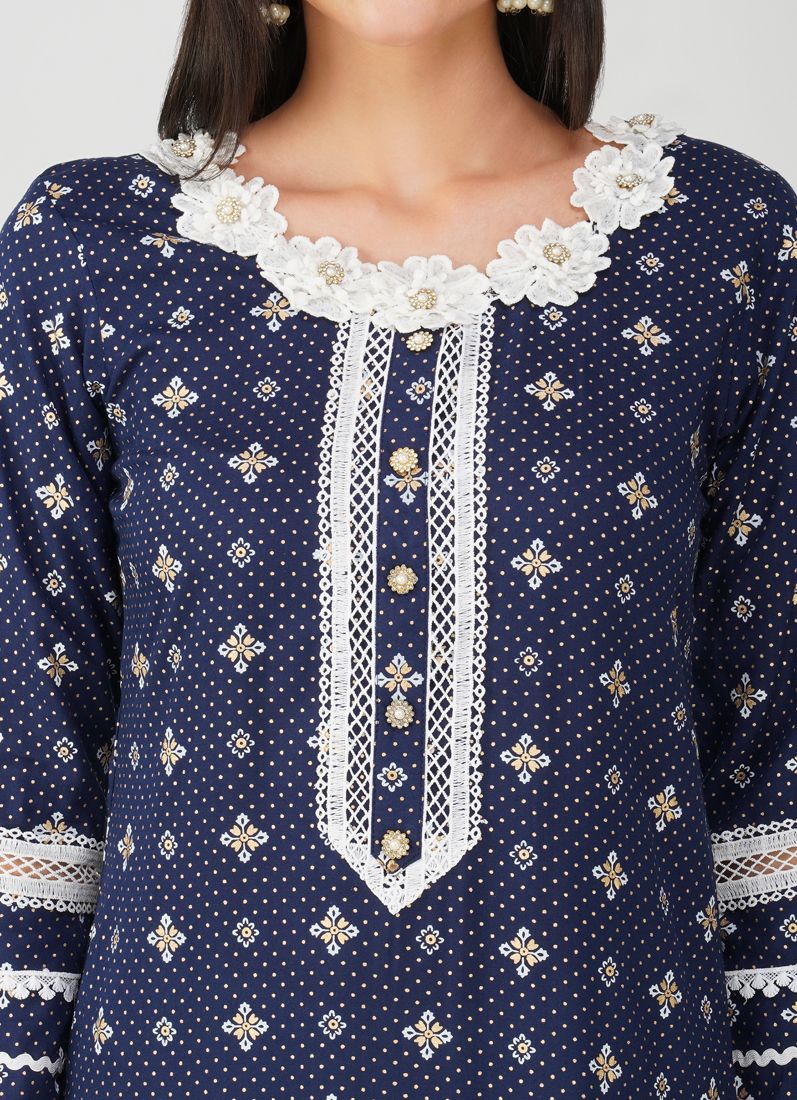 Blue Rayon Straight Cut Printed Suit Set - Image 5