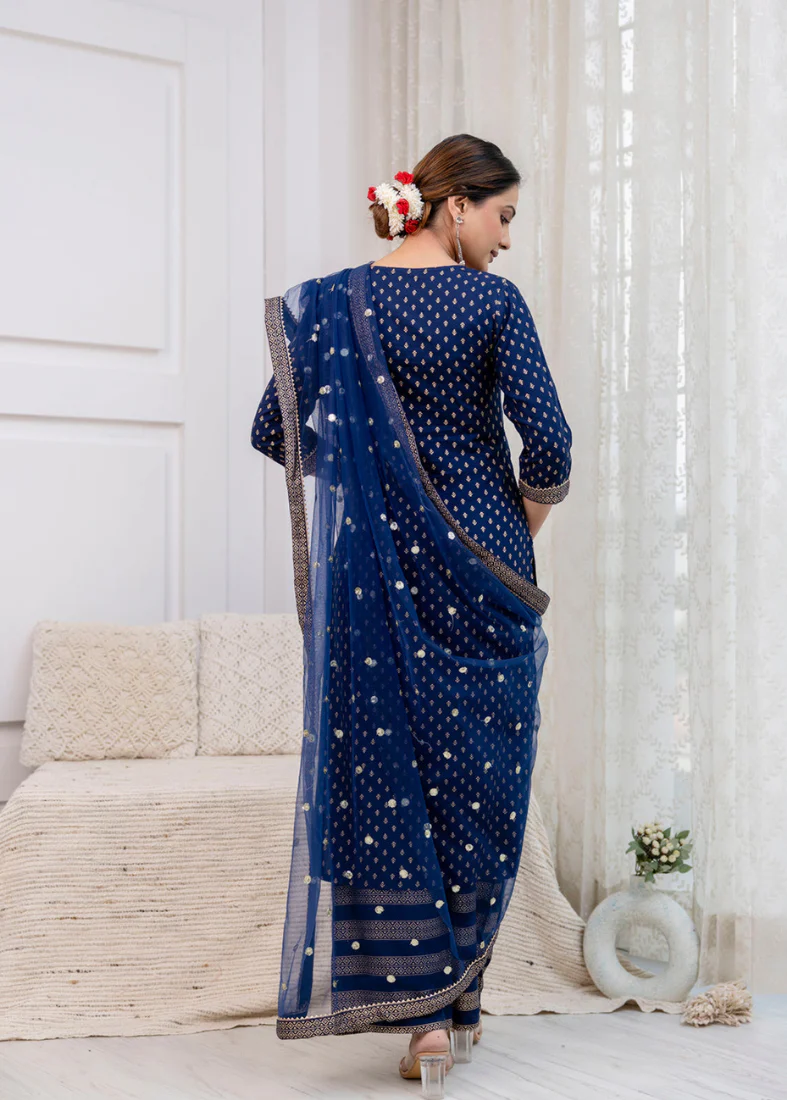 Blue Rayon Straight Suit Set - Image 3