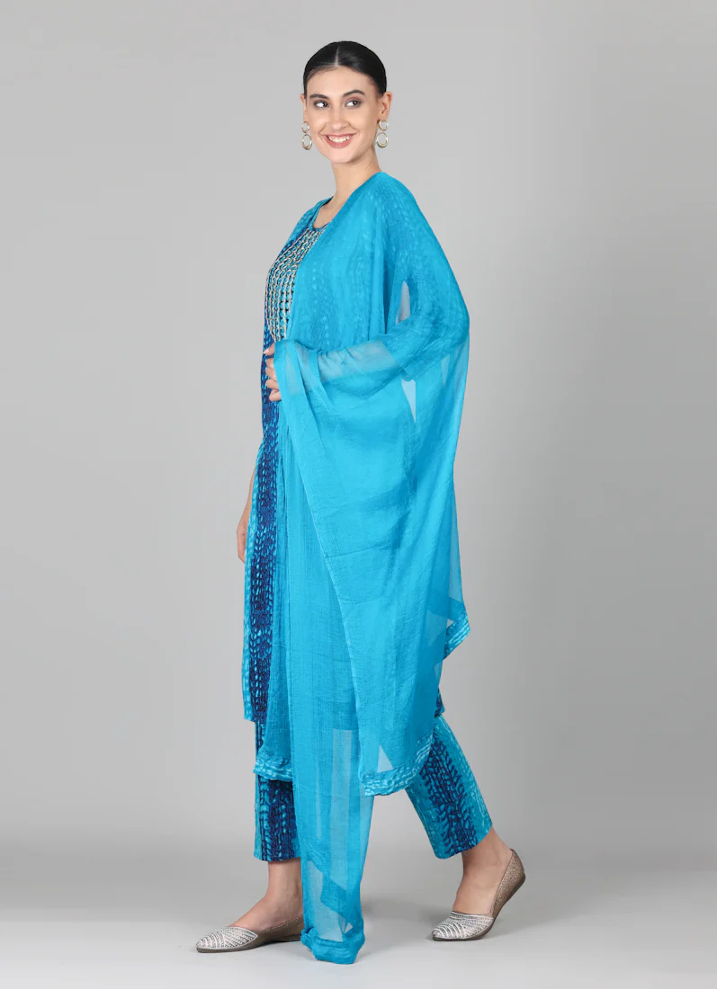 Blue Rayon Thread Sequin Embroidered Suit Set - Image 4