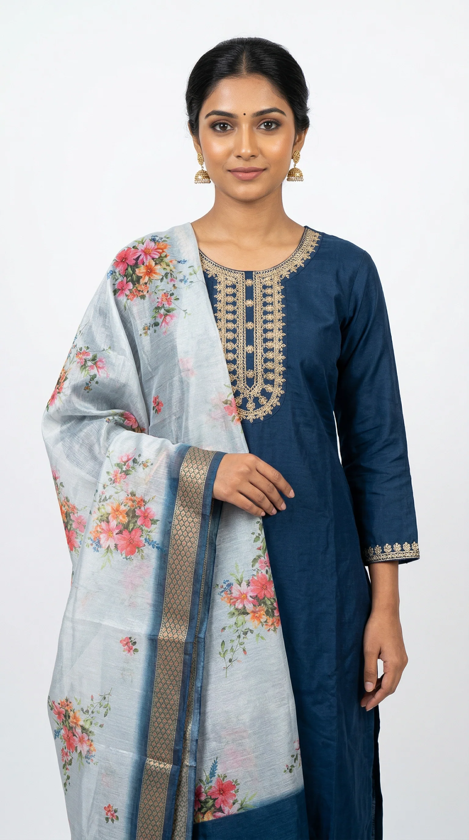 Blue Rayon Zari Embroidered Suit Set with Printed Chiffon Dupatta - Image 2