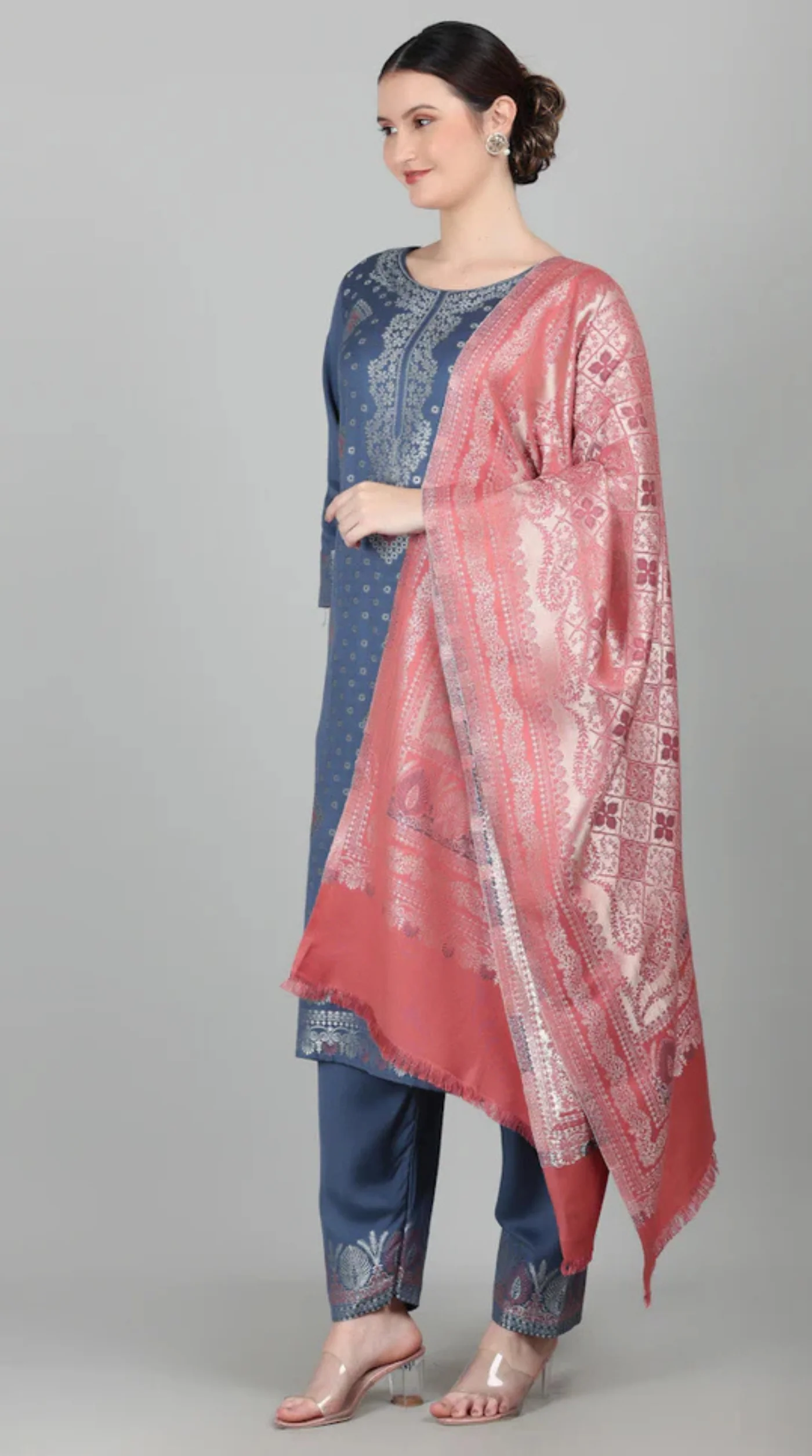 Blue Straight Cut Shawl Suit Set - Image 2
