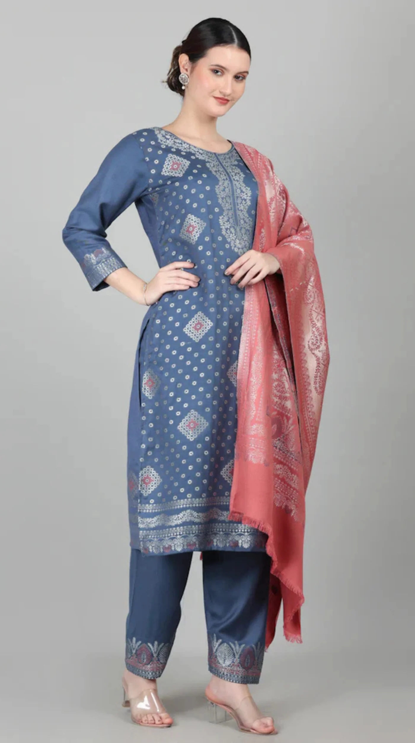 Blue Straight Cut Shawl Suit Set - Image 3