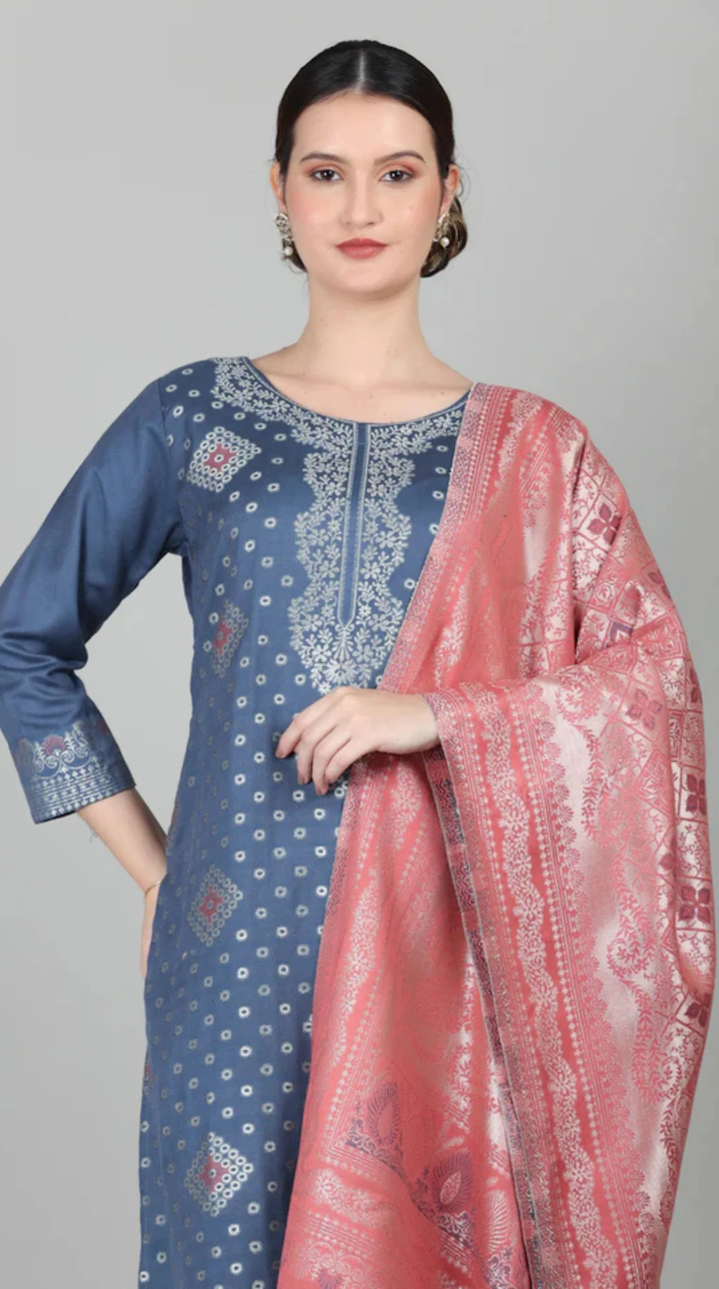 Blue Straight Cut Shawl Suit Set - Image 4