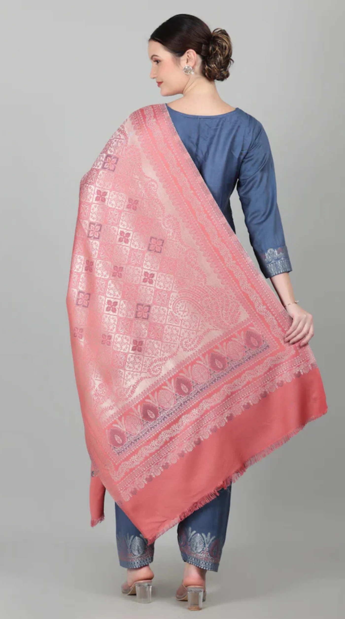 Blue Straight Cut Shawl Suit Set - Image 5