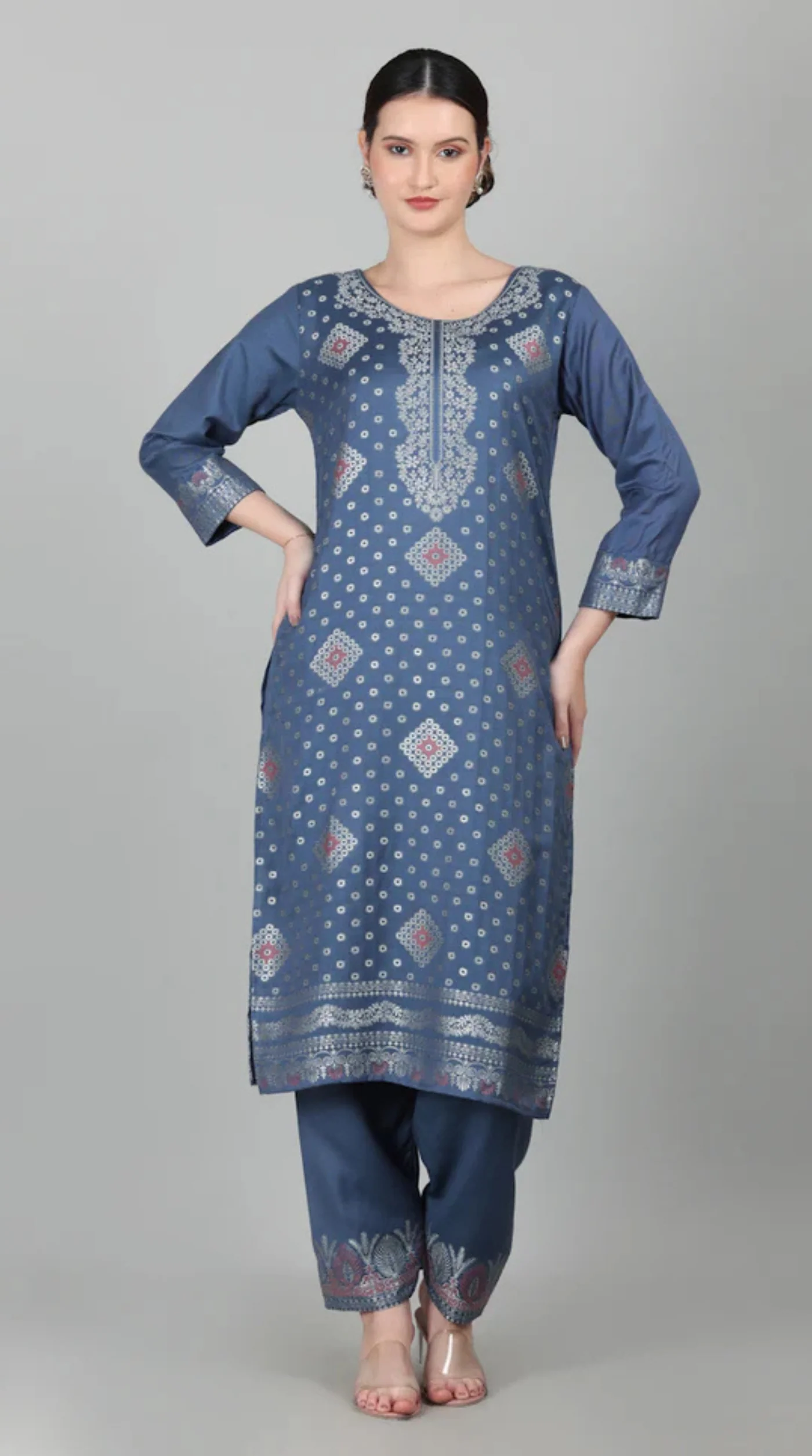Blue Straight Cut Shawl Suit Set - Image 6