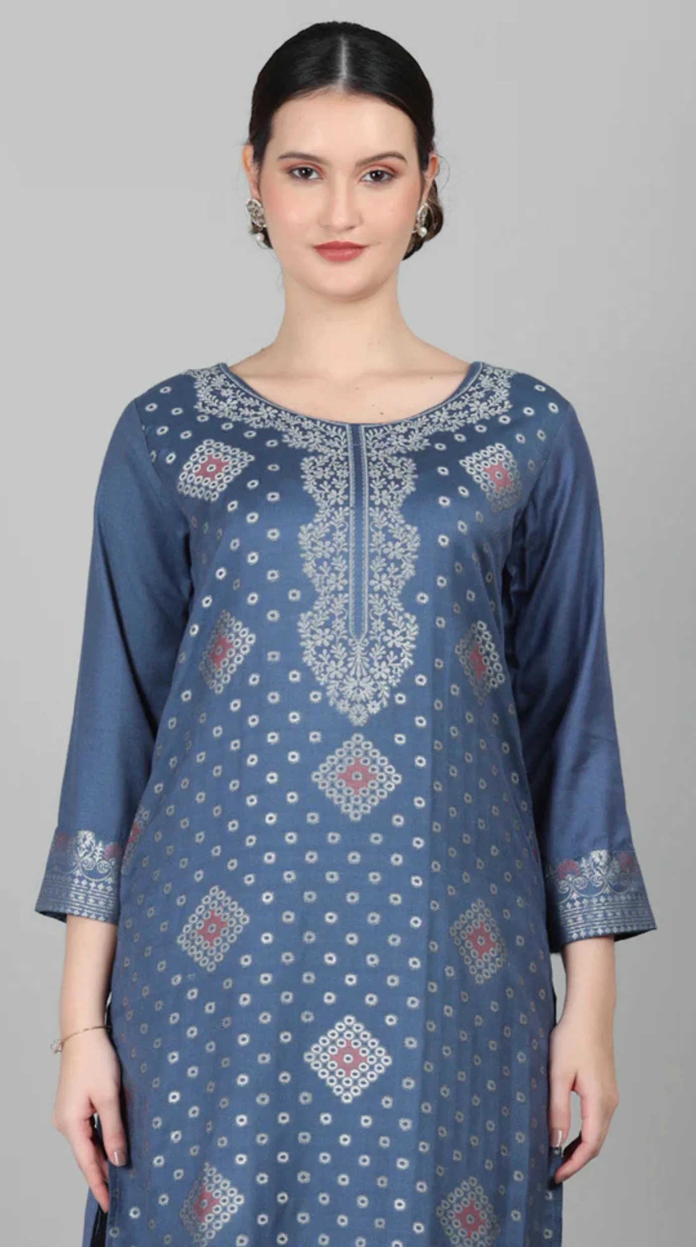 Blue Straight Cut Shawl Suit Set - Image 7