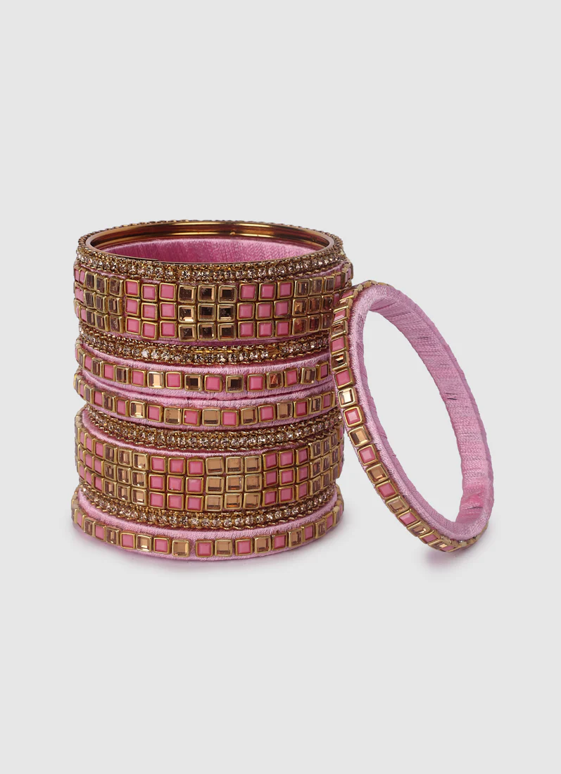 Blush Pink Threadwork Bangle Set with Square Stones - Image 2