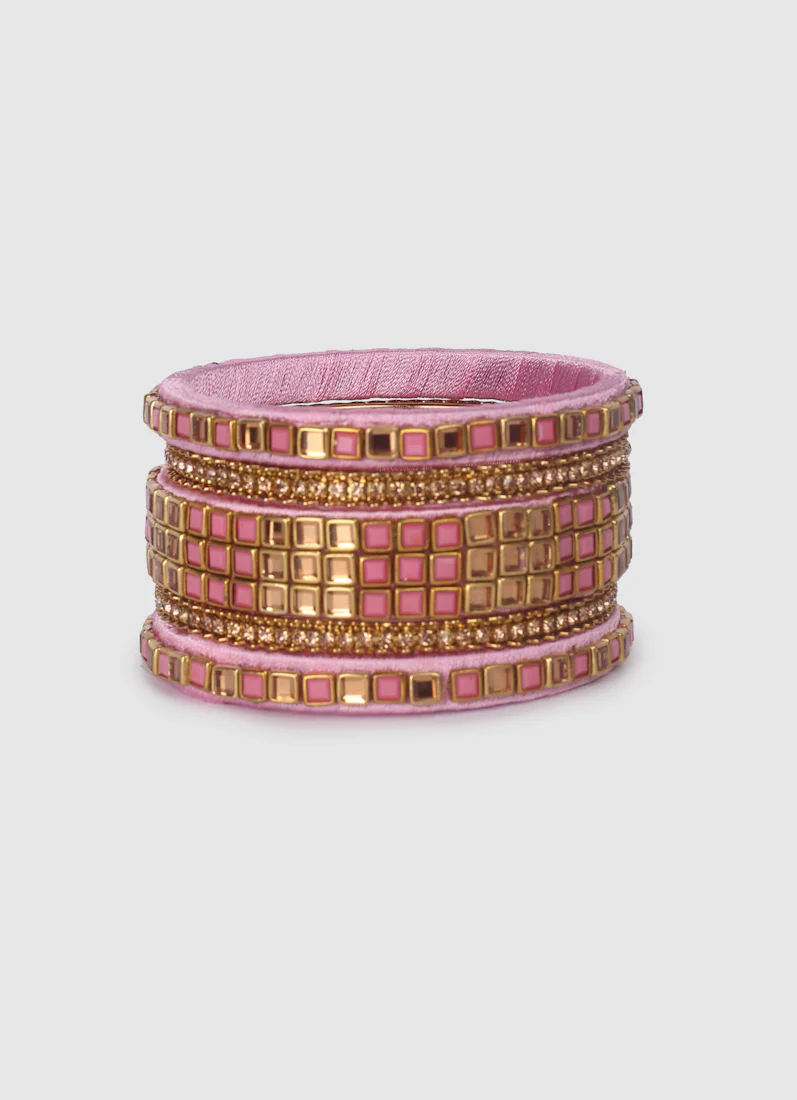 Blush Pink Threadwork Bangle Set with Square Stones - Image 3